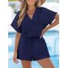 imageCUPSHE Womens Romper Knit V Neck Short Sleeves Drawstring Waist Straight leg Outfit Casual DressyNavy Blue
