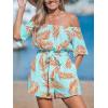 imageCUPSHE Womens Summer Floral Jumpsuits Off Shoulder Half Sleeves Waist Tie Wide Leg 2025 Beach Vacation Outfits with PocketsGreen