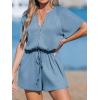 imageCUPSHE Womens Summer Romper Short Sleeve Button Front Wide Leg Beach Vacation Loose JumpsuitBlue