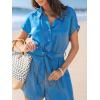 imageCUPSHE Womens Summer Short Sleeves Jumpsuit Collared Neckline Button front Waist Tie Straight Leg Beach RomperBlue