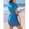 imageCUPSHE Womens Summer Short Sleeves Jumpsuit Collared Neckline Button front Waist Tie Straight Leg Beach RomperBlue