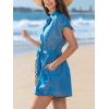 imageCUPSHE Womens Summer Short Sleeves Jumpsuit Collared Neckline Button front Waist Tie Straight Leg Beach RomperBlue