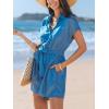 imageCUPSHE Womens Summer Short Sleeves Jumpsuit Collared Neckline Button front Waist Tie Straight Leg Beach RomperBlue