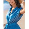 imageCUPSHE Womens Summer Short Sleeves Jumpsuit Collared Neckline Button front Waist Tie Straight Leg Beach RomperBlue