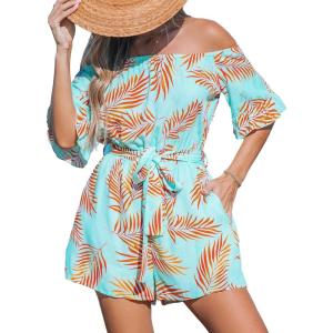 imageCUPSHE Womens Summer Floral Jumpsuits Off Shoulder Half Sleeves Waist Tie Wide Leg 2025 Beach Vacation Outfits with PocketsGreen