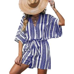 imageCUPSHE Womens Summer Jumpsuit Floral Boho Deep V Neck Short Sleeve Wide Leg Beach Vacation Loose JumpsuitBlue