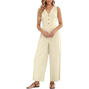 imageCUPSHE Womens Summer Jumpsuit V Neck Sleeveless Button Front Wide Leg Beach Vacation OutfitsBeige