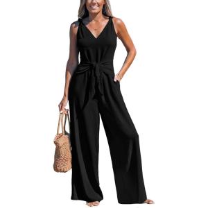 imageCUPSHE Womens Summer Jumpsuits Sleeveless Tie Knot Wide Leg Long Pants Romper with PocketsBlack