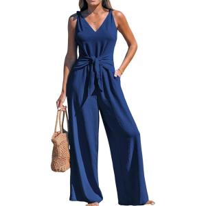 imageCUPSHE Womens Summer Jumpsuits Sleeveless Tie Knot Wide Leg Long Pants Romper with PocketsBlue
