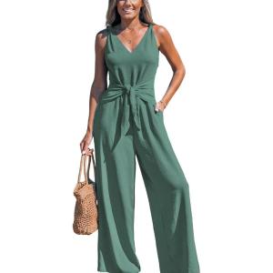 imageCUPSHE Womens Summer Jumpsuits Sleeveless Tie Knot Wide Leg Long Pants Romper with PocketsGreen