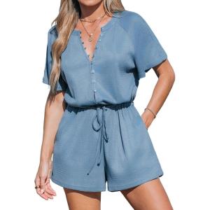 imageCUPSHE Womens Summer Romper Short Sleeve Button Front Wide Leg Beach Vacation Loose JumpsuitBlue