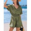 imageCUPSHE Womens V Neckline Short Sleeves Smocked Waist Straight Leg Summer Jumpsuit Romper Overall Beach Vacation OutfitsGreen