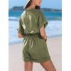 imageCUPSHE Womens V Neckline Short Sleeves Smocked Waist Straight Leg Summer Jumpsuit Romper Overall Beach Vacation OutfitsGreen