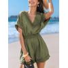 imageCUPSHE Womens V Neckline Short Sleeves Smocked Waist Straight Leg Summer Jumpsuit Romper Overall Beach Vacation OutfitsGreen