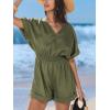 imageCUPSHE Womens V Neckline Short Sleeves Smocked Waist Straight Leg Summer Jumpsuit Romper Overall Beach Vacation OutfitsGreen