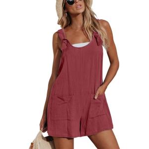 imageCUPSHE Womens Summer Sleeveless Overall Adjustable Loose Jumpsuit Beach Romper Travel Vacation Outfits with PocketsBrick Red