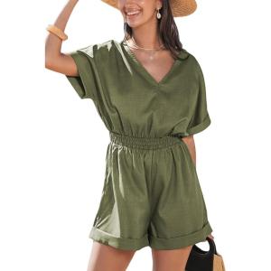 imageCUPSHE Womens V Neckline Short Sleeves Smocked Waist Straight Leg Summer Jumpsuit Romper Overall Beach Vacation OutfitsGreen