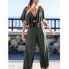 imageCUPSHE Womens Summer Deep Neck Jumpsuit Short Sleeves Ruffle Straight Leg Long Pants with Pockets Beach Vacation OutfitGreen