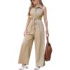 imageCUPSHE Womens Lapel Sleeveless Wide Leg Jumpsuit Button Front Self Tie Dressy Overall Work Beach Vacation Summer OutfitsKhaki