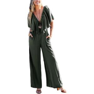 imageCUPSHE Womens Summer Deep Neck Jumpsuit Short Sleeves Ruffle Straight Leg Long Pants with Pockets Beach Vacation OutfitGreen