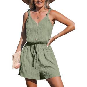 imageCUPSHE Womens Summer Romper V Neckline Sleeveless Waist Self Tie Wide Leg Button Front Spaghetti Strap Shorts Beach Vacation Outfits with Pockets with Pockets