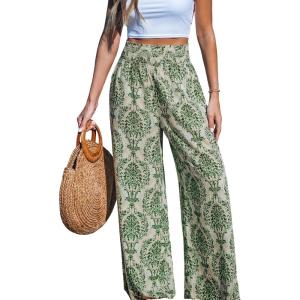 imageCUPSHE Womens Wide Leg Pants Elastic High Waisted Beach Trousers Cotton Linen Summer PalazzoGreen