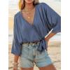 imageCUPSHE Women Swimsuit Coverup Tops Swiss Dot Short Sleeve Summer Blouse Tie Waist Casual Beach Cover UpsBlue