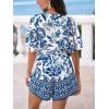imageCUPSHE Womens Romper Woven Surplice neckline Short sleeves Waist tie Wide leg Outfit Casual DressyBlue