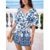 imageCUPSHE Womens Romper Woven Surplice neckline Short sleeves Waist tie Wide leg Outfit Casual DressyBlue