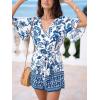 imageCUPSHE Womens Romper Woven Surplice neckline Short sleeves Waist tie Wide leg Outfit Casual DressyBlue