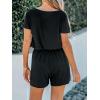 imageCUPSHE Womens V Neck Boat Neck Romper Short Sleeve Drawstring Waist Pockets Knit Mini Jumpsuit One Piece OutfitBlack