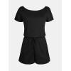 imageCUPSHE Womens V Neck Boat Neck Romper Short Sleeve Drawstring Waist Pockets Knit Mini Jumpsuit One Piece OutfitBlack