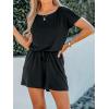 imageCUPSHE Womens V Neck Boat Neck Romper Short Sleeve Drawstring Waist Pockets Knit Mini Jumpsuit One Piece OutfitBlack
