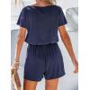 imageCUPSHE Womens V Neck Boat Neck Romper Short Sleeve Drawstring Waist Pockets Knit Mini Jumpsuit One Piece OutfitNavy