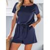 imageCUPSHE Womens V Neck Boat Neck Romper Short Sleeve Drawstring Waist Pockets Knit Mini Jumpsuit One Piece OutfitNavy