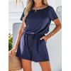 imageCUPSHE Womens V Neck Boat Neck Romper Short Sleeve Drawstring Waist Pockets Knit Mini Jumpsuit One Piece OutfitNavy