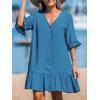 imageCUPSHE Womens V Neck Ruffled Cover Up Button Down Bathing Suit Beach Dress with Short SleevesDark Blue