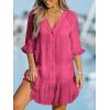imageCUPSHE Womens V Neck Ruffled Cover Up Button Down Bathing Suit Beach Dress with Short SleevesFuchsia