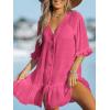 imageCUPSHE Womens V Neck Ruffled Cover Up Button Down Bathing Suit Beach Dress with Short SleevesFuchsia
