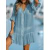imageCUPSHE Womens V Neck Ruffled Cover Up Button Down Bathing Suit Beach Dress with Short SleevesLight Blue