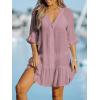 imageCUPSHE Womens V Neck Ruffled Cover Up Button Down Bathing Suit Beach Dress with Short SleevesPink