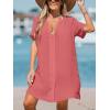 imageCUPSHE Womens V Neck Ruffled Cover Up Button Down Bathing Suit Beach Dress with Short SleevesRedpink