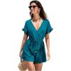 imageCUPSHE Womens Romper V Neck Short Sleeves Ruffled Waist Wide leg Jumpsuit Outfit Coverup Casual DressyBlue