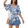 imageCUPSHE Womens Romper Woven Surplice neckline Short sleeves Waist tie Wide leg Outfit Casual DressyBlue