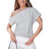 imageCUPSHE Womens Summer Tops Striped Off The Shoulder Short Sleeve Work Casual Blouse ShirtWhite