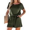 imageCUPSHE Womens V Neck Boat Neck Romper Short Sleeve Drawstring Waist Pockets Knit Mini Jumpsuit One Piece OutfitKelly