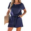 imageCUPSHE Womens V Neck Boat Neck Romper Short Sleeve Drawstring Waist Pockets Knit Mini Jumpsuit One Piece OutfitNavy