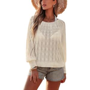 imageCUPSHE Womens One Shoulder Cover Up Bathing Suit Beach Top with Long SleevesBeige