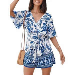 imageCUPSHE Womens Romper Woven Surplice neckline Short sleeves Waist tie Wide leg Outfit Casual DressyBlue