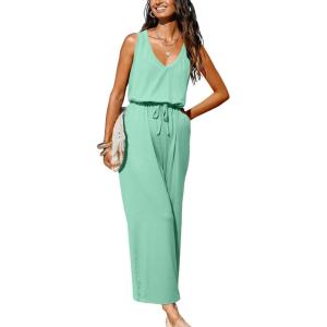 imageCUPSHE Womens Sleeveless V Neck Sleeveless Waist Tie Wide Leg Jumpsuit Beach Vacation OutfitsGreen